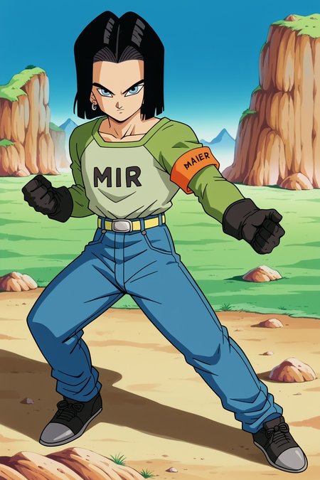 score_9,score_8_up,score_7_up, score_6_up, BREAK, android 17,1boy,solo,full body,break wasteland, brown ground, plateau, blue sky, grass, water, black hair,short hair, light blue eyes,yellow belt, white shirt,green raglan sleeves, jeans, orange ranger armband,black gloves, expressionless,looking at viewer, closed mouth, black clothes writing, long sleeves,mir, legs apart, fighting stance, black shoes,grey earrings,mountain, (from side:0.7)    <lora:BreakWastelandPony:1>   <lora:Android17Pony:1>