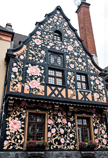 A historic European facade with Baroque-inspired floral mural, featuring intricate rose and vine patterns across the building. The building has a unique, curved gable with black and peach-toned walls, adorned with stylized golden accents and decorative trims. Rustic arched windows with dark wooden frames, detailed iron grilles, and small flower boxes enhance the structureâs elegance. Smoke wafts gently from a tall brick chimney, set against a cloudy, overcast sky. Realistic lighting, soft shadowing, and vibrant color contrasts between the flowers and walls. in the style of Jed-clrfl <lora:flux-colourful:0.5> <lora:Sinfully_Stylish_.02_for_FLUX:0.8> <lora:FluxDFaeTasticDetails:0.6>