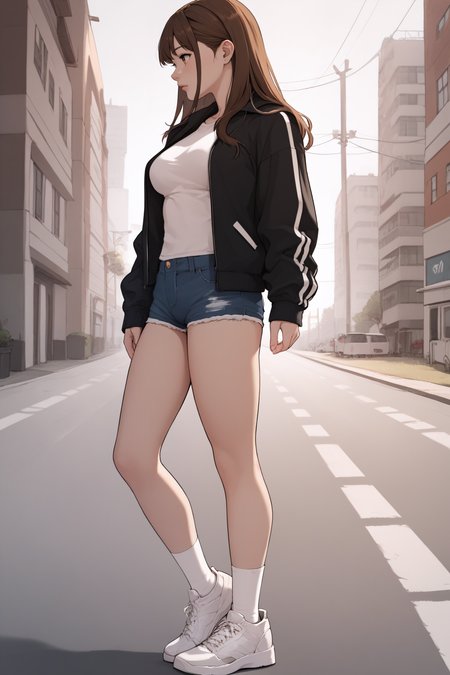 score_9, score_8_up, score_7_up, <lora:Bomi Choi-PonyXL-lora-Faxtron:0.7> bomi choi, brown eyes, brown hair, long hair, medium breasts, black jacket, white socks, denim short shorts, white sneakers, standing,