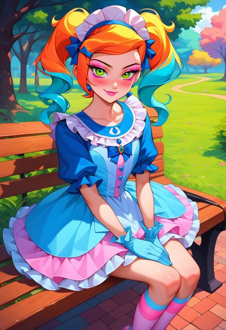 score_9, score_8_up, score_7_up, source_anime , 1girl, gwen tennyson (/Ben10)/, (ultra HD quality details), bright orange hair, pastel hair, long twintails, girly twintails, hair bows, multiple hair bows, very long hair, gradient hair, multicolored hair, pastel streaked hair, masterpiece, best quality, absurdres, 
(pastel theme, lolitafashion:1.2), pastel lolitafashion, sweet lolitadress, blue shiny lolitadress, victorian dress, kawaii, cute, moe, puffy blue dress, petticoat, puffy sleeves, pastel colors, pastel blue, pastel blue, frilled bell skirt, pastel thighhighs, pastel dress, puffy sleeves, gloves, pastel headdress, many bows, multiple bows, ribbons, frills, frilled fabric, center frills, sparkles, glitter, cute lolitashoes,
lipstick, long eyelashes, eyeshadow, eyeliner, mascara, blush, pastel makeup,  
outdoors, nature, park, park bench, 
(solo:1.2), sitting, on bench, full body, dynamic pose, dutch angle, looking at viewer, v arms, half-closed eyes, happy smile, closed mouth,
intricate, highly detailed, majestic, shallow depth of field, movie still, circular polarizer