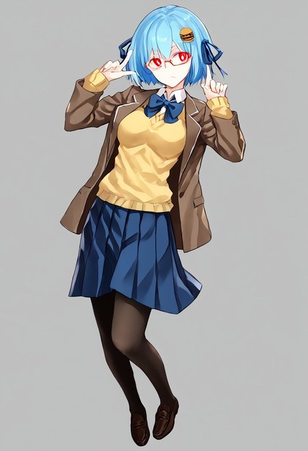 score_9, score_8_up, score_7_up, score_6_up, score_5_up, score_4_up, source_anime, 1girl, solo, 
hamburger-chan_\(hundredburger\), food-themed hair ornament, hair ribbon, glasses, hair ornament, red eyes, semi-rimless eyewear,under-rim eyewear, red-framed eyewear, breasts,rectangular eyewear, blue hair, short hair,bangs,white pupils, solid circle eyes, skirt, pantyhose,blue ribbon, blue skirt, blue hair, blue bowtie, short hair, pleated skirt, long sleeves, bowtie, bow, blue bow,, school uniform, yellow sweater, loafers,brown jacket, 
masterpiece, best quality, very aesthetic, absurdres,