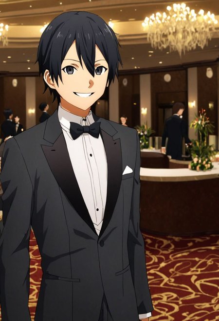 high resolution, solo, best quality, 1Boy, Kazuto Kirigaya, Black Hair, Black Eyes, luxury hotel, Ballroom, tuxedo, smile, confident, OverallDetail