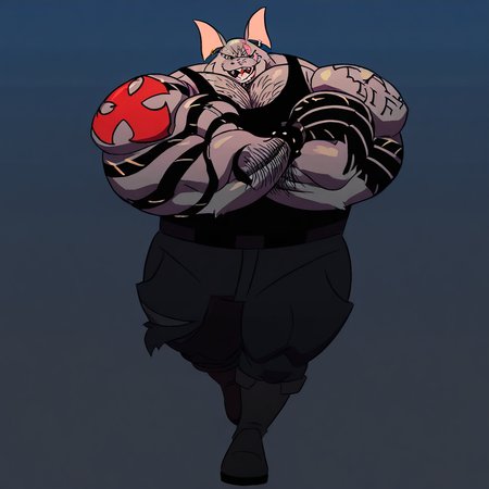 masterpiece, best quality, very aesthetic, absurdres, dynamic pose, dynamic angle, 1boy, solo BREAK Ratbite, muscular male, musclegut, tanktop, pants, gloves, boots, eye scar, hairy, tattoo (arm tattoo), looking at viewer, smiling, open mouth, crossed arms