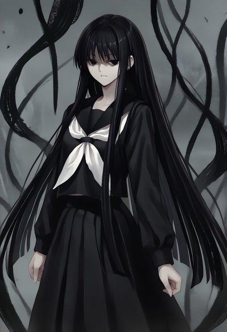 score_9, score_8_up, score_7_up, score_6_up, score_5_up, score_4_up, source_anime, 1girl, solo, 
hagoromo gitsune,shaded face,black eyes,empty eyes,black hair,very long hair, 
black serafuku,pantyhose,black sailor collar,black skirt, 
masterpiece, best quality, very aesthetic, absurdres,