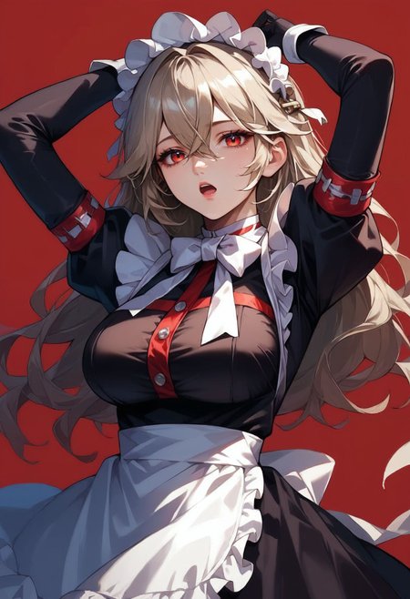 score_9,score_8_up,score_7_up,score_6_up , <lora:alexandrina_sebastiane_pdxl_v1:0.8>alexandrina-zzz, 1girl, maid headdress, breasts, maid, long hair, looking at viewer, bow, large breasts, white bow, solo, long sleeves, open mouth, hair between eyes, apron, red background, bowtie, gloves, bangs, black gloves, puffy sleeves, frills, arms up, dress, maid apron ,
