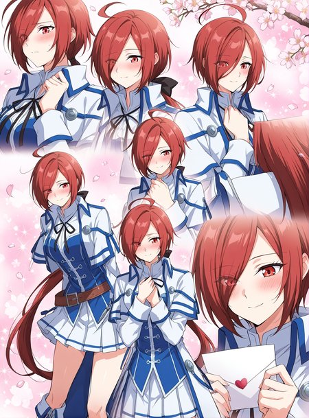 <lora:Xiao_Yu__Battle_Through_the_Heavens__Illustrious2:1>
1girl, solo,  red hair, long hair, long sidebangs, ahoge, low ponytail, hair over one eye, red eyes, anime style, 
white and blue uniform, fantasy outfit, long coat, white pleated mini skirt, high boots, layered clothing, puffy sleeves, black ribbon, waist belt, structured sleeves, large collar, open coat, chest bow, symmetrical outfit, hair loop,
score_9, score_8_up, score_7_up, very aesthetic, source_anime, detailed, high quality, beautiful, masterpiece, detailed eyes, confessing her love, nervously, emotional atmosphere, holding a love letter with both hands, standing, close-up, cherry blossoms falling, soft lighting, warm color palette, confession scene,  cherry background