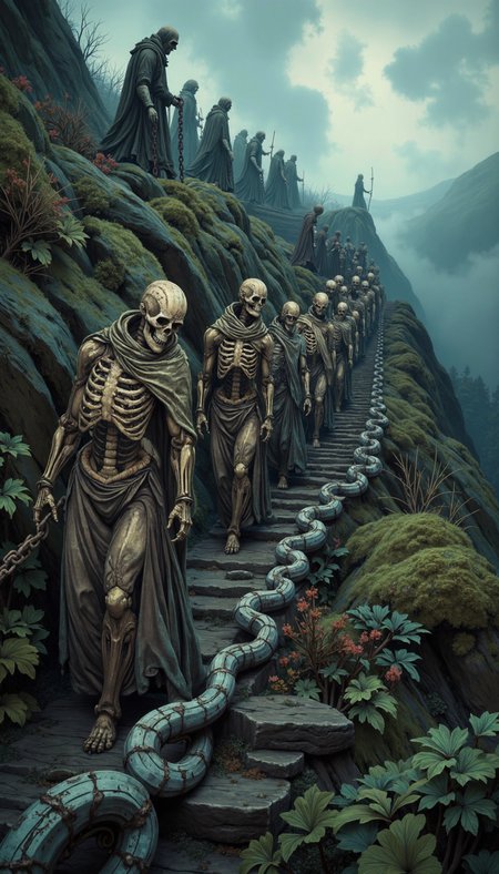 Bioluminescent, A worm's-eye view of a seemingly endless line of weathered, moss-covered skeletal figures, chained together, ascending a verdant, mist-shrouded mountain. The figures, their bone structure visible beneath decaying garments, clutch the chain with outstretched, skeletal hands. The path is barely discernible beneath the encroaching vegetation. In the distance, silhouetted against the fog, stand more figures, their purpose and destination unknown. The atmosphere is oppressive, pregnant with a sense of foreboding and the weight of an ancient, unspoken history. The image should evoke a sense of pilgrimage, sacrifice, and the inexorable passage of time.