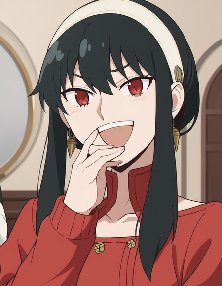 score_9, score_8_up, score_7_up, source_anime, yorbriar, <lora:yor-briar-s1-ponyxl-lora-nochekaiser:1>, yor briar, black hair, red eyes, earrings, white hairband, hairband, long hair, sidelocks,, <lora:ojou-sama-pose-ponyxl-lora-nochekaiser:1>, ojou-sama pose, laughing, smug, hand to own mouth, open mouth,, indoors, smile,, cowboy shot, dutch angle, looking at viewer,