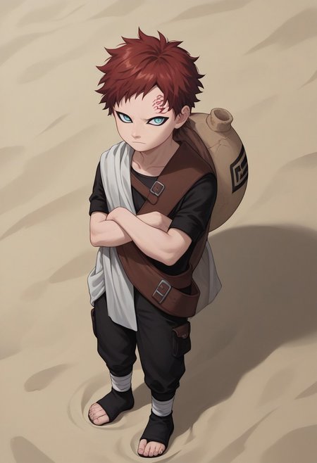 score_9, score_8_up, score_7_up, highly detailed, cute boy, 1boy, solo, young, Gaara, Red Hair, Pale Blue Eyes, Facial Mark , Black Short sleeve shirt, White Cloth Sash, leather strap, gourd, black pants, toeless footwear, arms crossed, sand