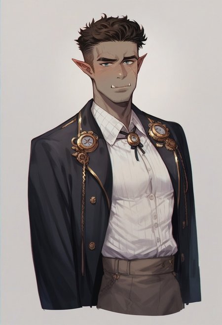 score_9, score_8_up, score_7_up, Male half-orc, short hair, skinny build, artificer, grey skin, steampunk outfit, scars, fantasy style, steampunk engineer, waist-high, steampunk black coat, steampunk formal shirt, solo