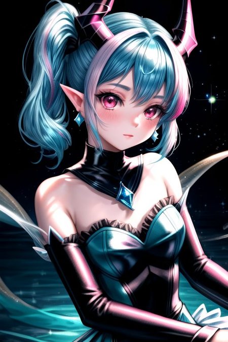 EvlSM, DarkPrecure, Bad_End_Precure, professional image of a cute young woman, (frilly elegant glossy dark holographic dress, crescent brooch, crescent earrings, crescent accessories:1.2),
(blue water dragon horns, blue water dragon tail:1.3), (short hair, side ponytail, hair above cheeks, light blue hair with light pink hairtips, gradient hair, multicolored hair:1.4), red eyes, (small breasts, cute face, innocent, shy, pointy ears:1.1), (sparkles, sparkling clothes, sparkles near eyes:1.3),
(intricate aquatic background, underwater, sparkling water, ocean floor, corral reef, bubbles:1.2), 
(ultra wide angle shot, cinematic style, absurdres, incredibly absurdres, huge filesize, extremely detailed, High quality texture, physically-based rendering, Ray tracing, octane render, sharp focus, (8k), (4k), (Masterpiece), (Best Quality), extremely detailed, intricate, hyper detailed, illustration, soft lighting, high resolution, sharp detail,)