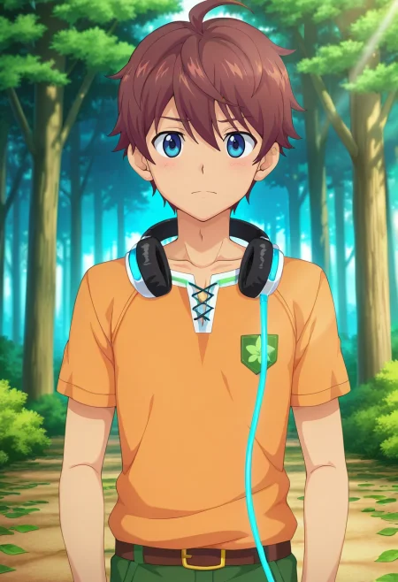 masterpiece, best quality, intricate details, anime screencap, anime coloring, official style, looking at viewer, , 1boy, solo, male focus, <lora:seto_aihara_ilxl:0.82>, seto_aihara, brown hair, blue eyes, short hair, ahoge, headphones, , forest laboratory, tree stations, leaf analysis, research platforms, experimenting pose, analytical expression, filtered light,