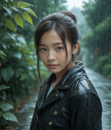 (score_9,score_8_up,score_7_up),
photorealistic, photography, depth of field, immersive lighting, cinematic,
Japanese, asian, monolid, looking at viewer,
raining, heavy rain, storm, leaves, black jacket,