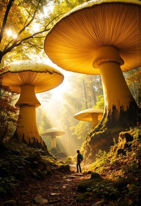 A sci-fy landscape featuring an enchanted forest filled with massive, oversized yellow mushrooms with realistic textures and glowing edges with twisted veins. The forest floor is covered in vibrant autumn foliage and soft moss. Sunlight filters through a gentle mist, casting warm golden beams across the scene. A lone adventurer, a small human figure with a backpack, walks down a narrow forest path, emphasizing the scale of the gigantic mushrooms. The atmosphere is whimsical, magical, and dreamlike, with a surreal balance of realism and fantasy elements. Soft focus in the background enhances the depth and otherworldly feel
