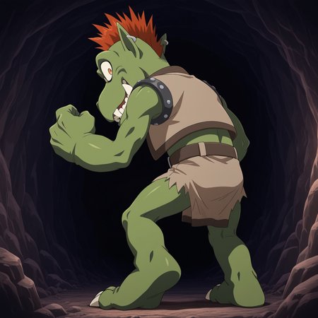  2d, solo, male, Goblimon, humanoid, digimon (creature), red hair, orange eyes, teeth, mohawk, green skin, pointy ears, large fangs, claws, toe claws, single ear piercing, sleeveless, light brown vest, open vest, belt, light brown loincloth, 

BREAK open mouth smile, from behind, looking back, looking at viewer, creepy, inside, cave, dark, dark enviorment, standing

BREAK best quality, amazing quality, very aesthetic, absurdres, newest, masterpiece, high quality