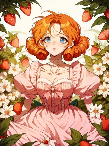 score_9, score_8_up, score_7_up, score_6_up, score_5_up,  <lora:lalangheejXLP:1> lalangheej, 1girl, puffy sleeves, dress, strawberry, pink dress, ginger hair, blue eyes,