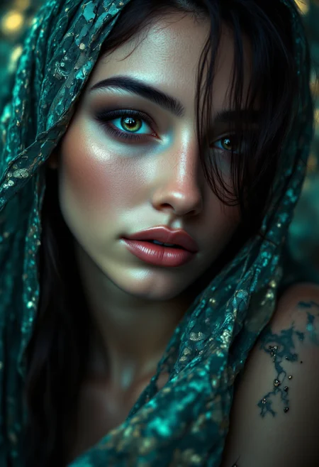 Create a highly detailed,high resolution photograph of an enchanting young woman with an ethereal beauty that seems almost otherworldly. Capture her stunning features in close up - from the delicate arches of her brows to the soft curves of her plump lips and sharp jawline.,
Her emerald green eyes shimmer like polished jade,radiating an angelic purity despite a hint of smoky mystery lurking within their depths. Lashes so long they touch the tops of her cheekbones frame those captivating orbs perfectly.,
Beneath that flawless porcelain skin,(prominent veins:1.2) stand out in high relief against her pale complexion,adding to her futuristic yet fantastical aura. Hair as dark as night cascades over one shoulder in soft waves,framing an almost regal profile and drawing attention to the slender column of her neck.,
In the background,hint at a sci-fi landscape with neon lights,holographic projections or sleek metallic surfaces subtly blurred into focus behind this celestial vision. Her pose could be slightly turned away from the camera,inviting speculation about what lies just beyond our view - perhaps an advanced lab where experiments have awakened these extraordinary human qualities in her.,<lora:aidmaMJ6.1_v0.5_3:0.7>,aidmamj6.1,<lora:aidmaHyperrealismv0.3:0.7>,aidmaHyperrealism,<lora:aidmaFLuxPro1.1_v0.3:0.7>,aidmafluxpro1.1,<lora:aidmaImageUpraderv0.3:0.35>,aidmaimageupgrader,