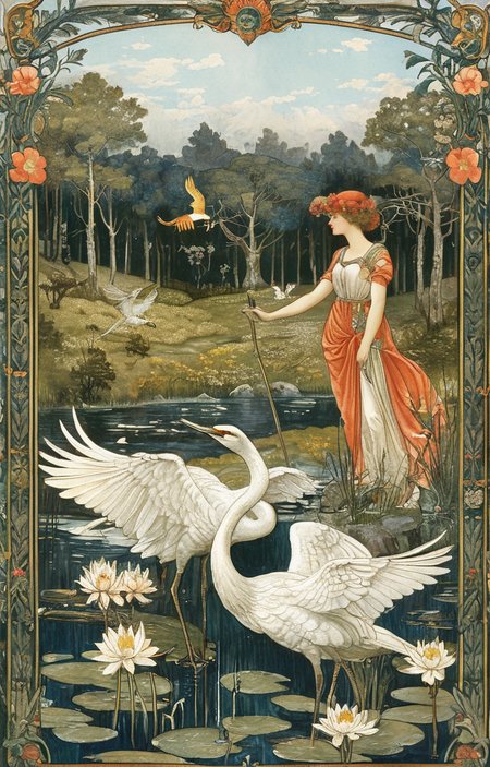 masterpiece,best quality,<lora:tbh132-sdxl:0.8>,animals,illustration,style of Walter Crane,