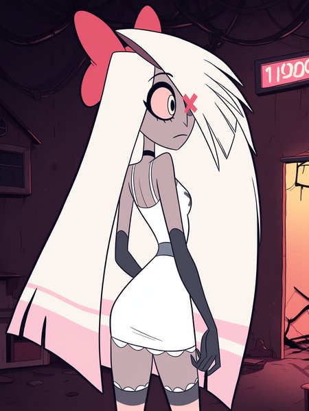 masterpiece,best quality,newest,absurdres,highres,very awa, Vaggie, 1girl, grey skin, long hair, white hair, hair bow, one X-shaped eye patch, hair over one eye, colored sclera, solo, small breasts, standing, elbow gloves, colored skin, grey waistband, white dress, symmetrycal thighhighs, one striped thighhigh, choker, grey bra, hell street, official style, cartoon, parody, looking away, from behind