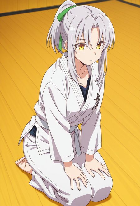 anime screencap, anime coloring, anime colored background, detailed background, detailed face, shiny skin, shiny hair, absurdes, highres, dynamic pose, masterpiece, best quality, official art, cel shaded, graphic illustration, digital painting, CGI, very detailed, amazing quality, intricate details, dynamic pose, HDR, UHD, 8K, Fineline illustration, Highly detailed, ultra-fine painting, sharp focus, Professional, Vivid Colors
BREAK
<lora:Serene_Hozumi:1>, Serene Hozumi, 1girl, solo, short hair, hair between eyes, sidelocks, ponytail, green ribbon, gray hair, parted bangs, yellow eyes, medium breast, dougi, long sleeves, white belt, white pants, sitting on floor, kneeling on floor, hands on knees, legs together, closed mouth, expressionless
BREAK
inside, karate dojo, daytime, <lora:hand 5.5:1> <lora:DetailedEyes_V3:1> <lora:add-detail-xl:1>