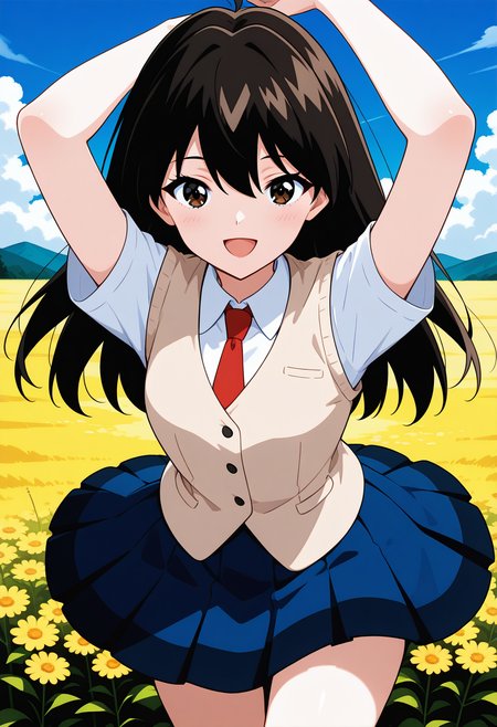 eretzvaju_setsuna, black eyes, black hair, long hair, school uniform, red necktie, collared shirt, white shirt, short sleeves, beige vest,  blue skirt, pleated skirt, <lora:eretzvaju_setsuna_illustrious_ver1:0.8>
1girl, solo, (field:1.2), (blue sky:1.2), looking at viewer, smile, open mouth,, (cowboy shot, dynamic pose:1.4),, masterpiece, best quality, general,