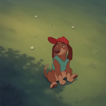 score_9, score_8_up, score_7_up, score_6_up, score_5_up, score_4_up, source_furry, ItchyItchiford, feral, male, Dachshund, brown fur, green shirt, sleeveless, red hat, sitting, outside, in the grass