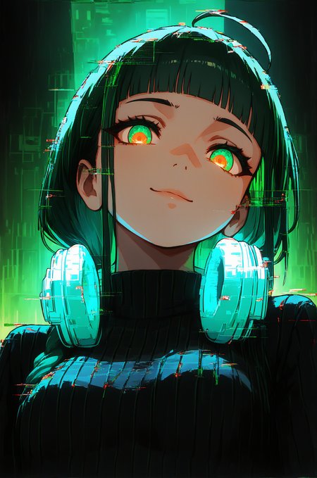 1girl, the matrix, sensitive, 

gradient eyes, orange eyes, green eyes, blunt bangs, light smile, ahoge, looking at viewer, 

headphones around neck, glowing headphones, small breasts, black sweater, ribbed sweater,

heads-up display, glitch, ascii art, vhs artifacts, 

upper body, green theme, solo focus, from below,

best quality, very awa, highres, newest