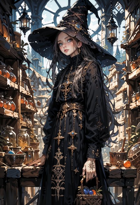 score_9, score_8_up, score_7_up,  1girl,long hair,solo,witch hat,pale skin,shiny,jewelry,black nails,shiny skin,witch dress, fishnets,shiny hair,fingernails, arcane merchant, tattoo, in a magic store, potions on the walls, magic items, orbs, wands, medieval fantasy, 0ddmag1c, curio, shop, oddity  <lora:cr33pp41ntXLP:0.8> cr33pp41nt <lora:Expressive_H-000001:0.8> expressiveh,  <lora:sinfully_stylish_SDXL> <lora:Pony_DetailV1.0> <lora:oddities_shop_specimen:0.8>