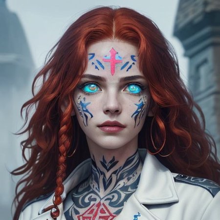 bright red hair, human female, (feminine:1.7), (beautiful face, detailed face:1.6), (beautiful eyes, detailed eyes:1.7), (looking at viewer, eye contact, intense:1.6), (long hair, red hair, curly hair:1.3), , ((masterpiece, best quality, high resolution, realistic, best quality,)), photo realistic, Perfect Face, (detailed face). <lora:GoodHands-vanilla:0.6> <lora:add-detail-xl:0.8>, mage, (Dress White military uniform coat), dagger, rune dagger, glowing runes, , (((glowing magic symbols tattoos, religious tattoos))), ((face tattoos)), glowing tattoos, stone tower in the background