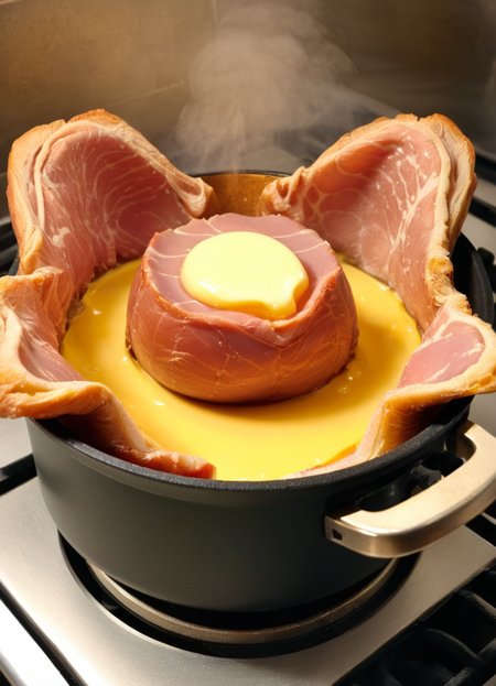 the xenoegg frying pan, ham, butter, stove, 
<lora:Xenomorph_Egg_SDXL:1> xenoegg