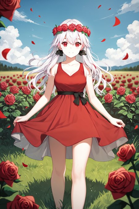 score_9, score_8_up, score_7_up, score_6_up, rating_safe, source_anime, a girl wearing a dress made of roses, best quality, masterpiece, detailed eyes, outdoors, grass, flowers, (dress made of roses), sleeveless red dress, roses on dress, <lora:yonagi-xl-04:0.9>, yonagi, red eyes, cowboy shot, medium breasts, flower crown, smile,