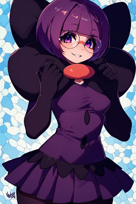score_9, score_8_up, score_8, medium breasts, (curvy), cute, eyelashes,       ,,, , ,,, zzShauntal, purple eyes, bob cut, glasses, round eyewear, short hair, blunt bangs, purple hair, elbow gloves, purple skirt, skirt, bow, dress, large bow, <lora:Shauntal_Pokemon_PDXL:1.0>,  ,,,, BREAK, smile, looking at viewer, cowboy shot, ,,, embedding:zPDXL, Expressiveh, ,,, <lora:Zankuro_Style_PDXL:0.8> <lora:SDXLFaeTastic2400:0.5>, <lora:Expressive_H-000001:0.4>,