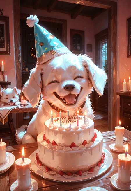 masterpiece, best quality, amazing quality, flat colors, high detailed, high quality, high resolution, 4k , male , solo , 1boy, feral, puppy, white fur,  eyes closed, Birthday cake, candles, at table, birthday hat, happy, in house  , dynamique angle, sitting, looking at viewer, smile