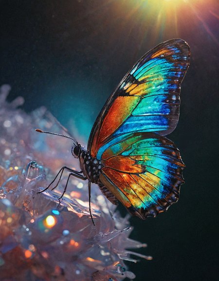 extreme closeup macro shot The butterfly emerges from its shimmering cocoon. Dreamy wings unfold like a work of art. Iridescent colors glimmer in the sunlight. Gentle motion blur. 8K quality.  <lora:models\XL\- SDXL - otclillsn_impossible_geo_V1.0:0.23>, <lora:models\XL\- SDXL - holo_effect_V1.0:0.2>, <lora:models\XL\- SDXL - vanta-black_contrast_V3.0:0.3>, <lora:models\XL\MJ52_v1.3_Li:0.19>, <lora:models\SDXL\ral-glhtmtl:1> ral-glhtmtl,, rainbow holographic prismatic iridescent multi-colored ornate glossy material, hard plastic, black tar ooze, tubing, surreal, global illumination, volumetric lighting, atmospheric haze, dense fog, sharp focus, selective focus, soft focus, dof, depth of field, specular occlusion ambient lighting, god rays, anaglyphic distortions, rainbow light prism explosions