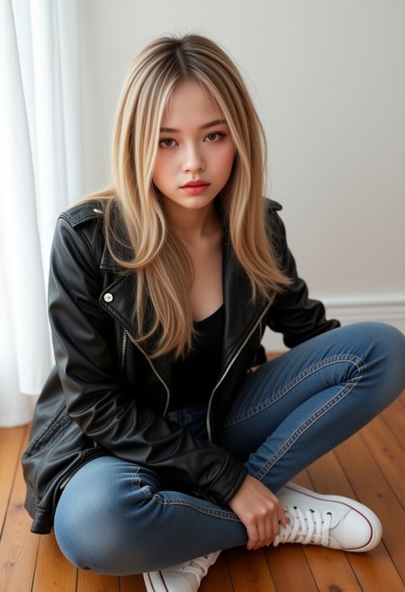 She is approximately 18 years old. Hyperrealism, she is looking at the camera, (dynamic angles), headshots of a beautiful, stunning unique female character. she has hair. her brown eyes are filled with joy and excitement, extravagant eyelashes,  A photo of Ae-cha, a woman, is shown. She has blonde hair and is wearing a black leather jacket, denim blue jeans, and white sneakers. wooden floor. The photo is in black and white, giving it a classic and timeless feel. Ae-cha is posing for the camera, with a hint of a smile on her face. The composition of the photo is simple and elegant, focusing on the subject and her outfit..  She has a slight smile on her face and is looking directly at the camera. The background is a simple white wall.. making this image a masterpiece of photography and digital art. Style: realistic hyper-detailed rendering, 32k UHD, expressive eyes, punk, graphic design, girl's face, pretty and cute, gleaming lips, white skin, telling a tale of adventure. Exuding confidence and serenity. The background is a simple white wall. The overall mood of the image is happy and relaxed.RAW candid cinema,16mm,color graded portra 400 film,remarkable color,ultra realistic,textured skin,remarkable detailed pupils,realistic dull skin noise,visible skin detail,skin fuzz,dry skin,shot with cinematic camera,detailed skin texture,(blush:0.2),(goosebumps:0.3),subsurface scattering,beautiful photograph in the style of Augustus John,Sergio Toppi,Virginia Frances Sterrett,8k HD,detailed skin texture,ultra realistic,textured skin,analog raw photo,cinematic grain,whimsical,detailed hand,perfect hand.perfect style.