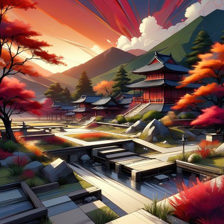 InkBlast, a landscape, a beautiful zen garden, reds golds and whites, sunset