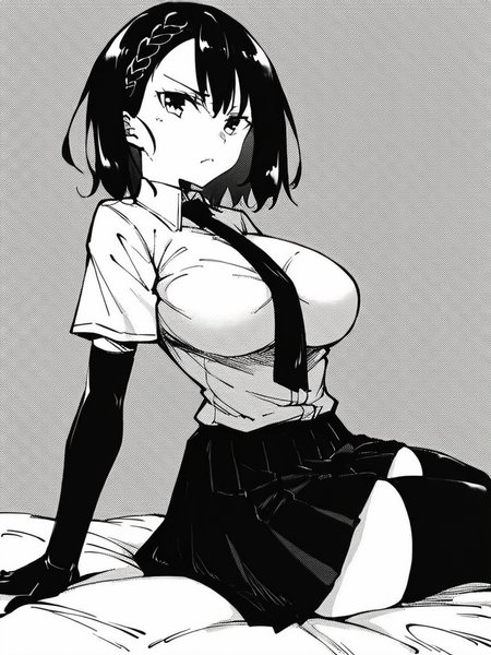 score_9, score_8_up, score_7_up,  
1girl, monochrome, kokonoe chika, black hair, medium hair, braid, large breasts,

sitting, on bed, from side, frown, closed mouth, looking at viewer, 

white shirt, short sleeves, necktie, pleated skirt, black elbow gloves, black thighhighs, 