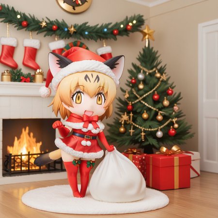 1girl, ((solo)), best quality, ultra-detailed, extremely detailed, perfect anatomy, masterpiece, score_9, score_8_up, score_7_up, Expressiveh, sand cat \(kemono friends\), 1girl, cat girl, cat ears, blonde hair, short hair, yellow eyes, cat tail, elbow gloves, bowtie, christmas tree, christmas decoration, christmas ornaments, underneath Christmas tree background, indoors, santa cosplay, santa outfit, santa hat, santa's sack, Christmas outfit, giant sack of presents, fully clothed, Christmas themed thighhighs, thighhighs, santa's sack of presents, red ribbon collar, Christmas presents, Christmas themed, living room, fireplace, (chibi), looking at viewer, smiling, eager, excited, happy, cute, adorable, surprised, hearts, shaking hips, hip sway, swaying hips, tail movement, tail_accessory, mistletoe_on_tail, mistletoe, dynamic lighting, looking at viewer, standing, standing on one foot, posing, paw pose,