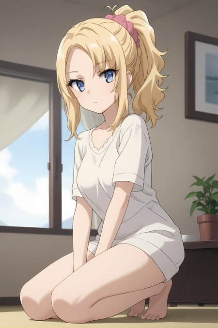 (:1.50), bgs-nodoka, blue eyes, blonde hair, sidelocks, ponytail, hair scrunchie, sidelocks, parted bangs, medium breasts,
1girl, solo, skinny, (source_anime, score_9, score_8_up, score_8, score_7_up), score_7, score_6_up, score_6, score_5_up, score_5, 
(:1.40),
(indoors:1.10),
(full body:1.40), (feet:1.20),
<lora:bgs-nodoka-V02:1.00>