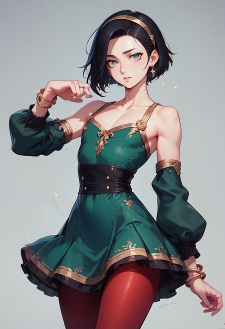 score_9, score_8_up, score_7_up, 1boy, femboy, otoko no ko, short hair, bob cut hair, black hair, grey eyes, gray eyes, feminine face, toned body, Shelly, 
bodycon dress, sweater dress, wool dress, green dress, sleeves, collarbone, red pantyhose, embroidered pantyhose, earrings, bracelets, hairband with bow, 
highly detailed, intricate, zzCitronCAT, model pose, modelshoot
