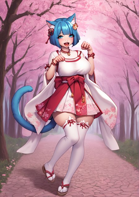1girl, sakura yumi, huge breast, animal ears, blue eyes, blue hair, blush, bracelet, cat, cat ears, cat tail, cherry blossoms, fang, jewelry, navel, necklace, open mouth, paw pose, sandals, short hair, skirt, solo, tail, thighhighs, white thighhighs,zPDXL3  <lora:KolgaArt:1>