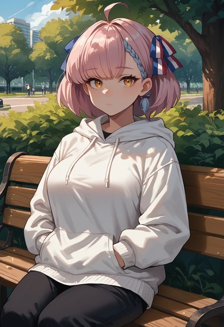 score_9, score_8_up, score_7_up, source_anime, solo, 1girl, tartudef, expressionless, looking at viewer, sitting, park bench, hands in pockets, ahoge, braided bangs, hair ribbon, white hoodie, black pants, large breasts, outdoors <lora:azurlane_tartu_ponyXL:1>