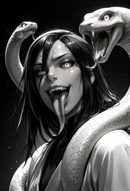 SmoothNoob_Quality, (greyscale:1.5), 1boy, orochimaru \(naruto\), naruto shippuuden, portrait, upper body, glowing eyes, slit pupils, evil smile, open mouth, long tongue, animal, snake, spot color, black and white, dynamic angle, looking at viewer, (black background), <lora:Mature_Comics_Style_-_NoobAI:1>,​​​