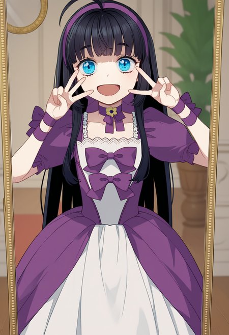 score_9, score_8_up, score_7_up, source_anime, ,
BREAK
1girl, solo,
<lora:shiAbiDaughtV1:1>, 
shiabidaupurp, vnstyle,
black hair, blue eyes, long hair, ahoge, purple hairband, blunt bangs,
white dress, purple bow, purple choker, ribbon choker, puffy sleeves
looking at mirror, reflection, smile, open mouth, v,