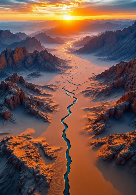 You are an assistant designed to generate superior images with the superior degree of image-text alignment based on textual prompts or user prompts. <Prompt Start> This sweeping aerial view captures the stark elegance of an arid desert meeting rugged mountain ridges through a high-resolution camera lens. Intricate sand ripples, weathered rock formations, and detailed textures of cracked earth are illuminated under a radiant sunrise. Vivid oranges blend with deep rust and cool granite blues, showcasing meticulous natural gradients. A dynamic tracking perspective emphasizes the expansive, untouched wilderness, highlighting epic spatial composition and ethereal atmospheric clarity. Captured in 8K masterpiece quality, this hyper-detailed image features immersive textures and a vibrant color palette that highlights sublime contrasts in nature's raw elements.