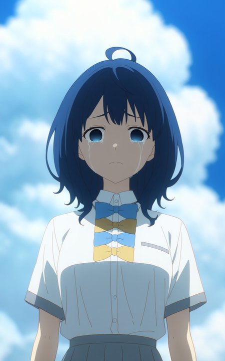 8k, best quality, masterpiece, (ultra-detailed), (high detailed skin), 
<lora:Yanami_Anna-a3-Tanger:0.8>, Yanami Anna, 1girl, blue hair, blue eyes, 
default clothes, white shirt, short sleeves, school uniform, bow, 
beautiful blue sky, cloud, standing, ( upper body), looking at viewer, tears, two eyes without god, both eyes out of focus, empty eyes,