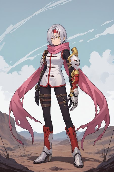score_9, score_8_up, score_7_up, score_6_up, source_anime, BREAK, <lora:Zilva:0.6> , zildef, 1girl, short hair, grey hair, yellow eyes, red headband, (mask), (mask over one eye), scarf, pink scarf, white sweater vest, white shirt, bodysuit, bodysuit under clothes, (single gauntlet), black gloves, sheathed, asymmetrical footwear, single red sock, armored heels, looking at viewer, angry, closed mouth, full body, <lora:detailed_backgrounds_v2:0.6> , masterpiece, best quality, very aesthetic, absurdres, wasteland, outdoors, nature, blue sky,   <lora:Concept Art Eclipse Style LoRA_Pony XL v6:0.3> , concept art, realistic,