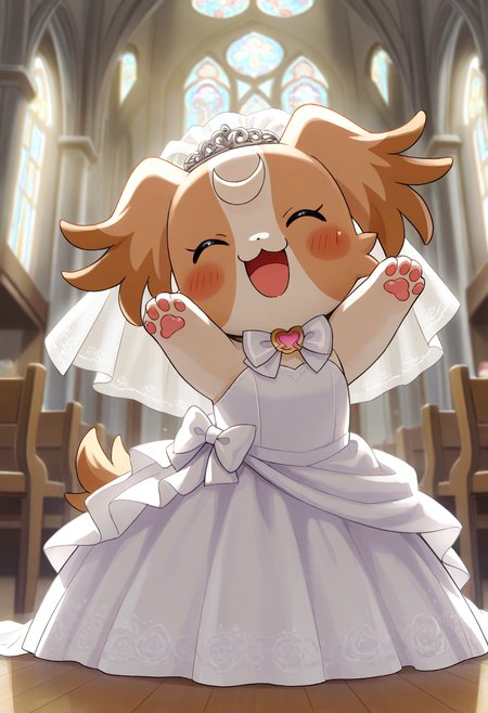 best quality, masterpiece, very aesthetic, dogkomugi, no humans, solo, :3, bowtie, dog, bow, church, furry, feral, wedding dress, wedding veil, open mouth, happy, dynamic pose,