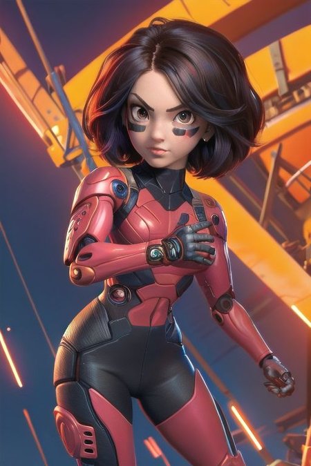 1girl, dynamic pose, gallywz, android, red facepaint, cyberpunk, mechanical arms, facial mark, leotard,pants, brown eyes, black hair, short hair