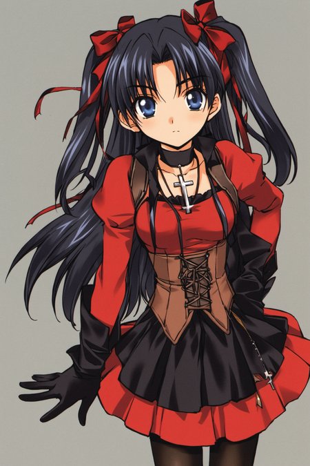 1girl, solo, tohsaka rin, red shirt, cross, long hair, skirt, shirt, white background, gloves, black skirt, necklace, jewelry, simple background, looking at viewer, bow, black hair, bangs, long sleeves, two side up, corset, black gloves, blue eyes, hair bow, ribbon, pantyhose, cross necklace, black pantyhose, latin cross, closed mouth, parted bangs, bowtie, black bow, hair ribbon, red bow,<lora:Azuma Mayumi_XL:0.8>,